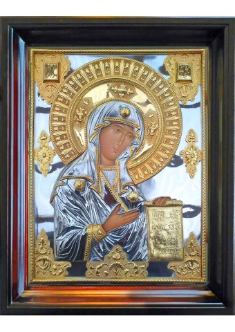 Храмовая икона Боголюбской Божией Матери в деревянной рамке 43 х 55,5 см