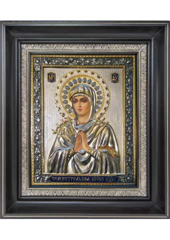 Семистрельная икона Божией Матери в деревянной рамке 26,5 х 31 см