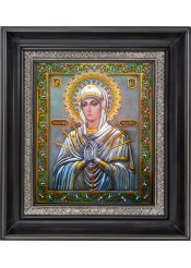 Семистрельная (Умягчение злых сердец) икона Божией Матери в деревянной рамке 37 х 44,5 см