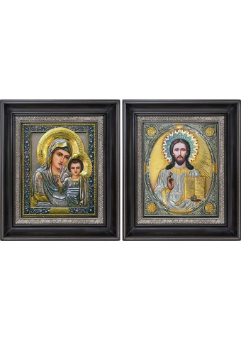 Казанская икона Богородицы и Господа Вседержителя: венчальная пара икон 27 х 31 см