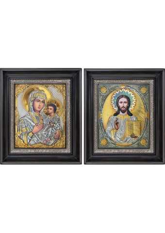 Тихвинская икона Божией Матери и Господь Вседержитель: венчальная пара икон 27 х 31 см
