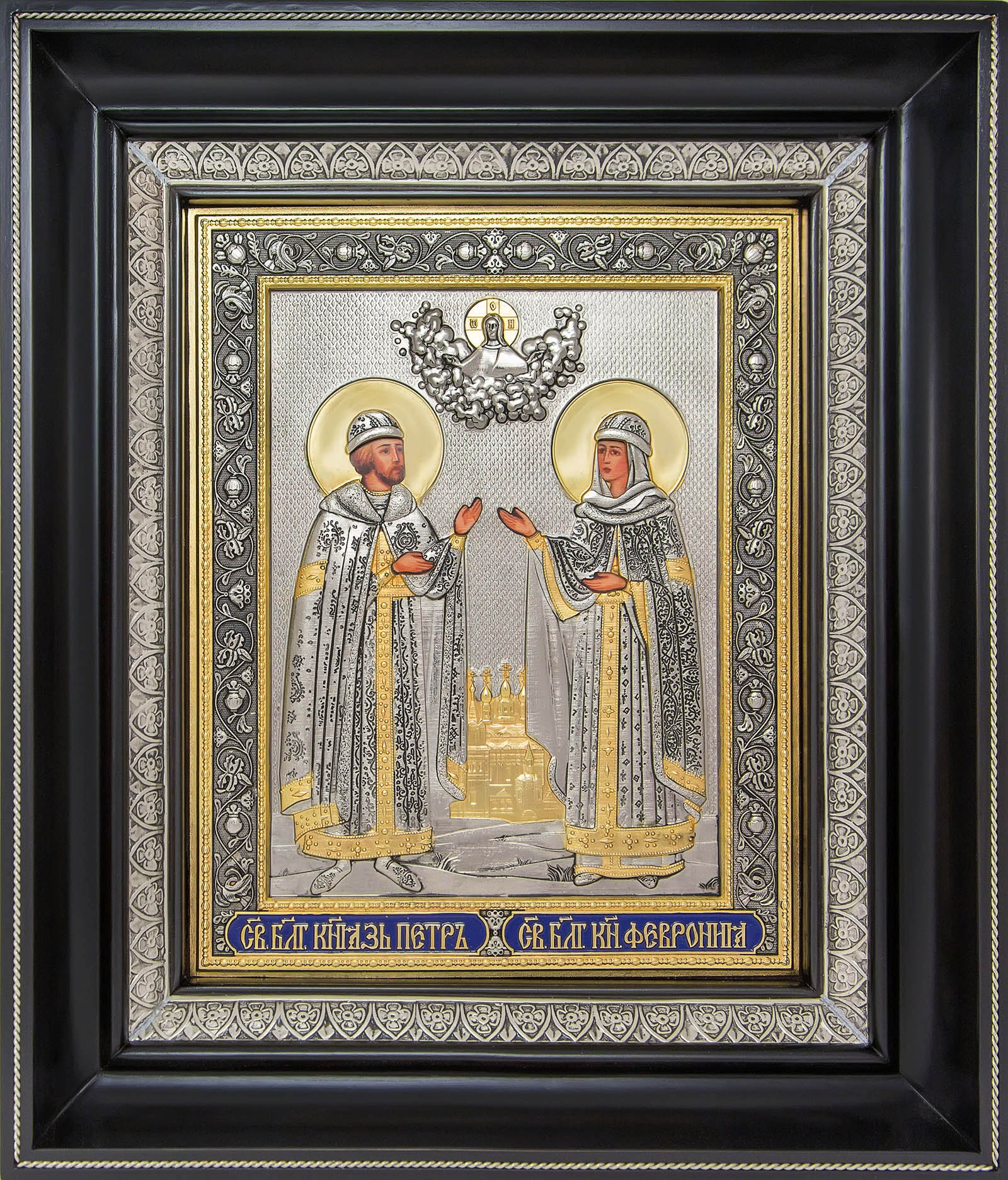 фото икона святых Петра и Февронии Муромских гальванопластика золото серебро деревянная рамка