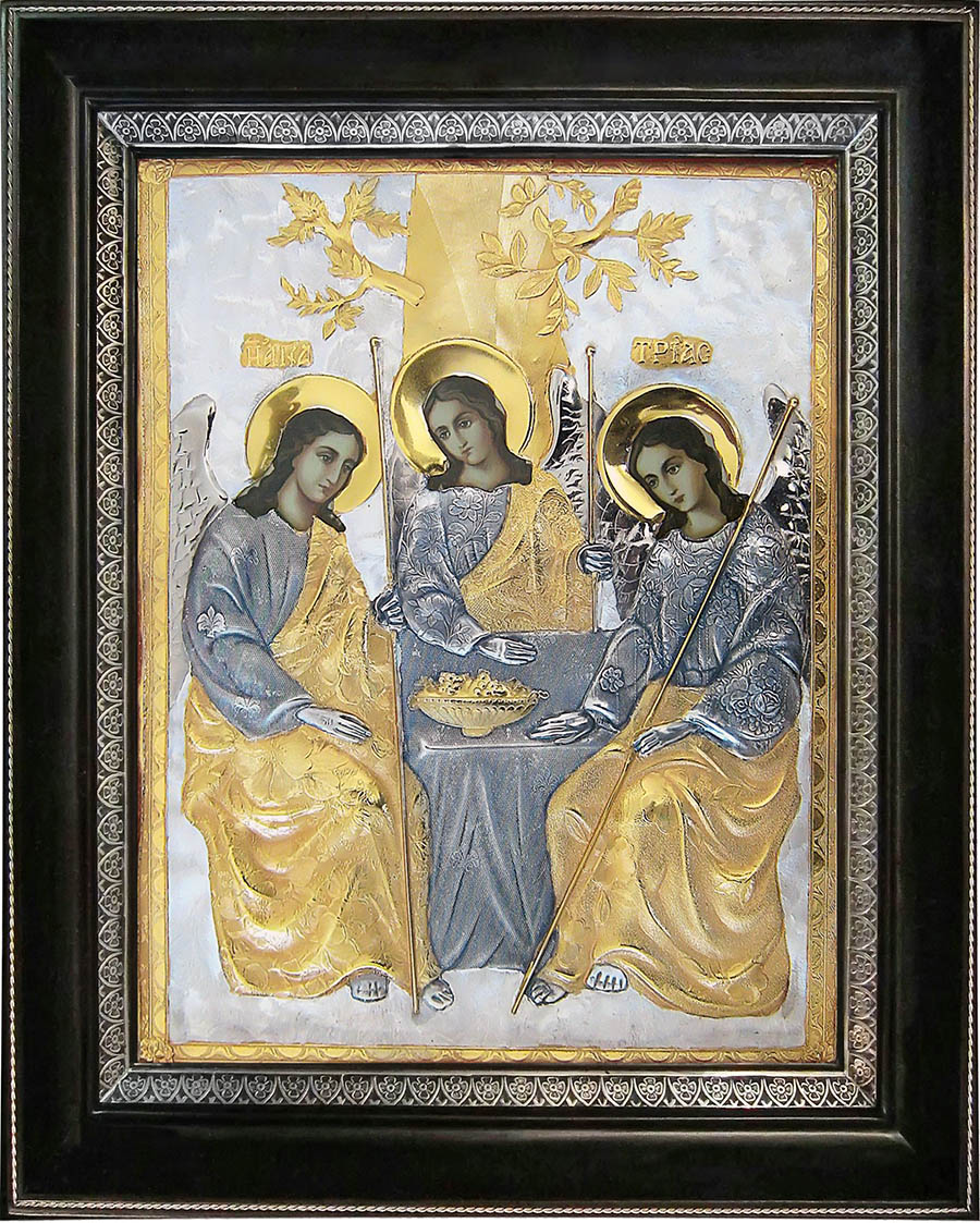 фото икона Святая Троица гальванопластика золото серебро деревянная рамка