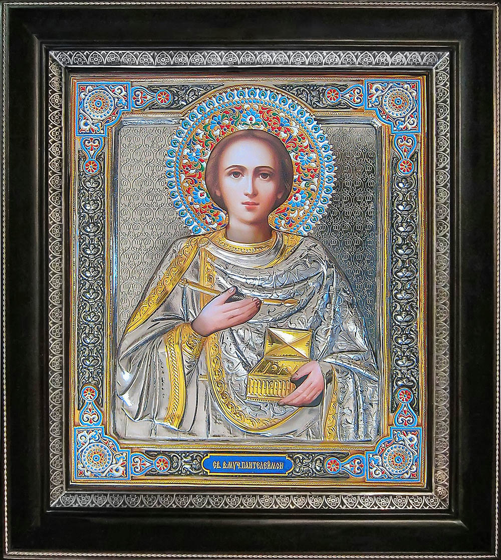 фото икона святого великомученика Пантелеймона Целителя гальванопластика золото серебро
