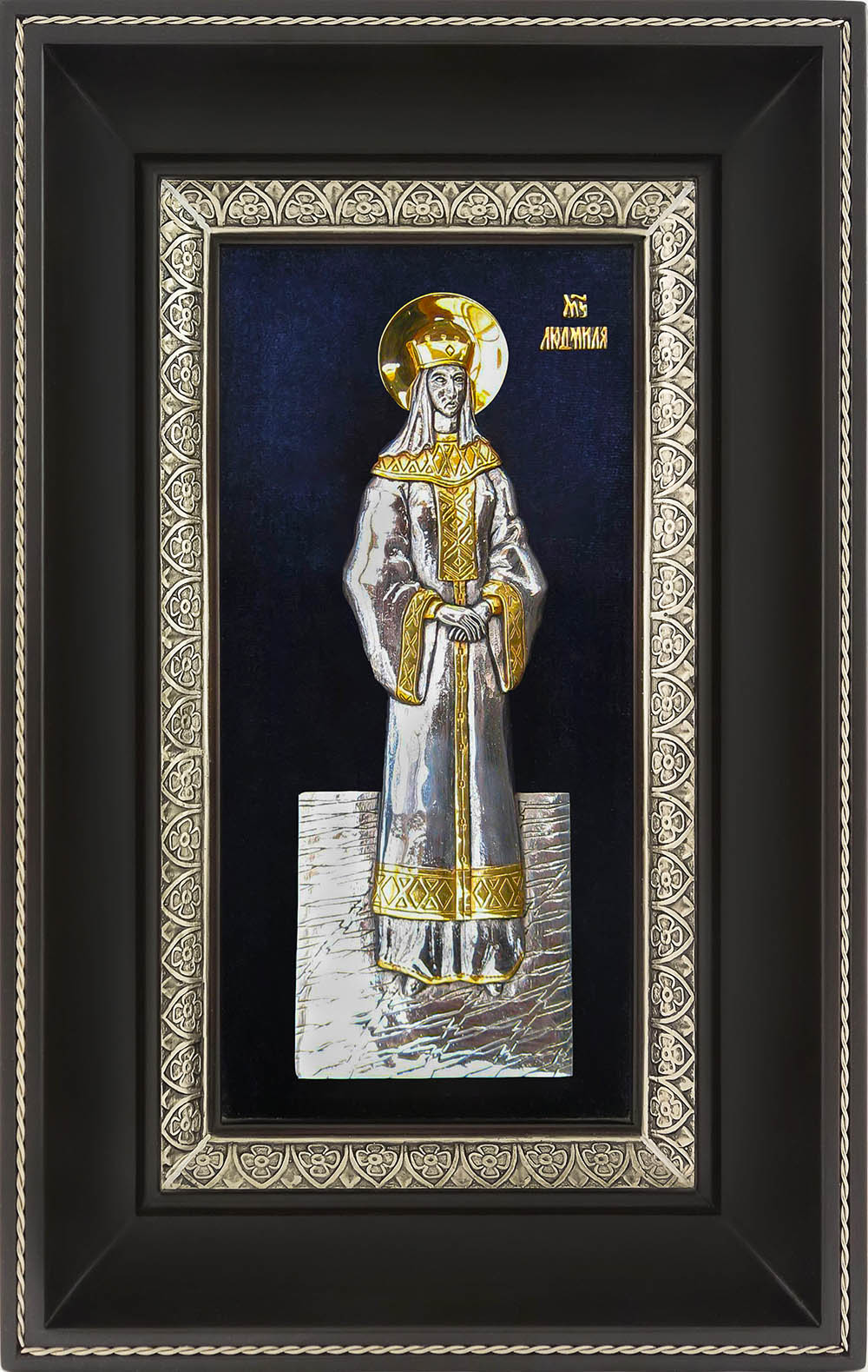 фото икона святой Людмилы Чешской гальванопластика серебро золото деревянная рама