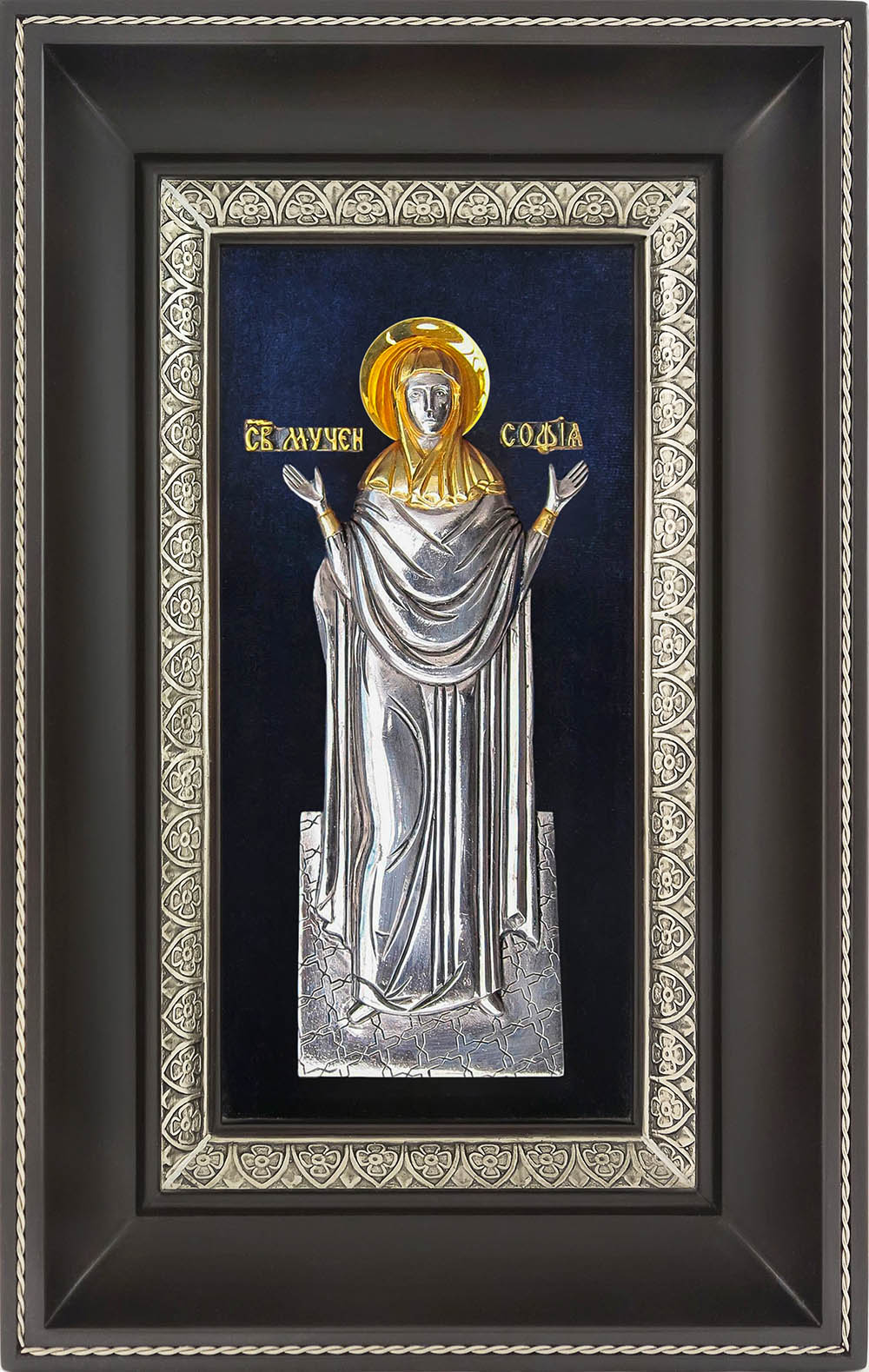 фото икона святой мученицы Софии Римской гальванопластика серебро золото деревянная рама