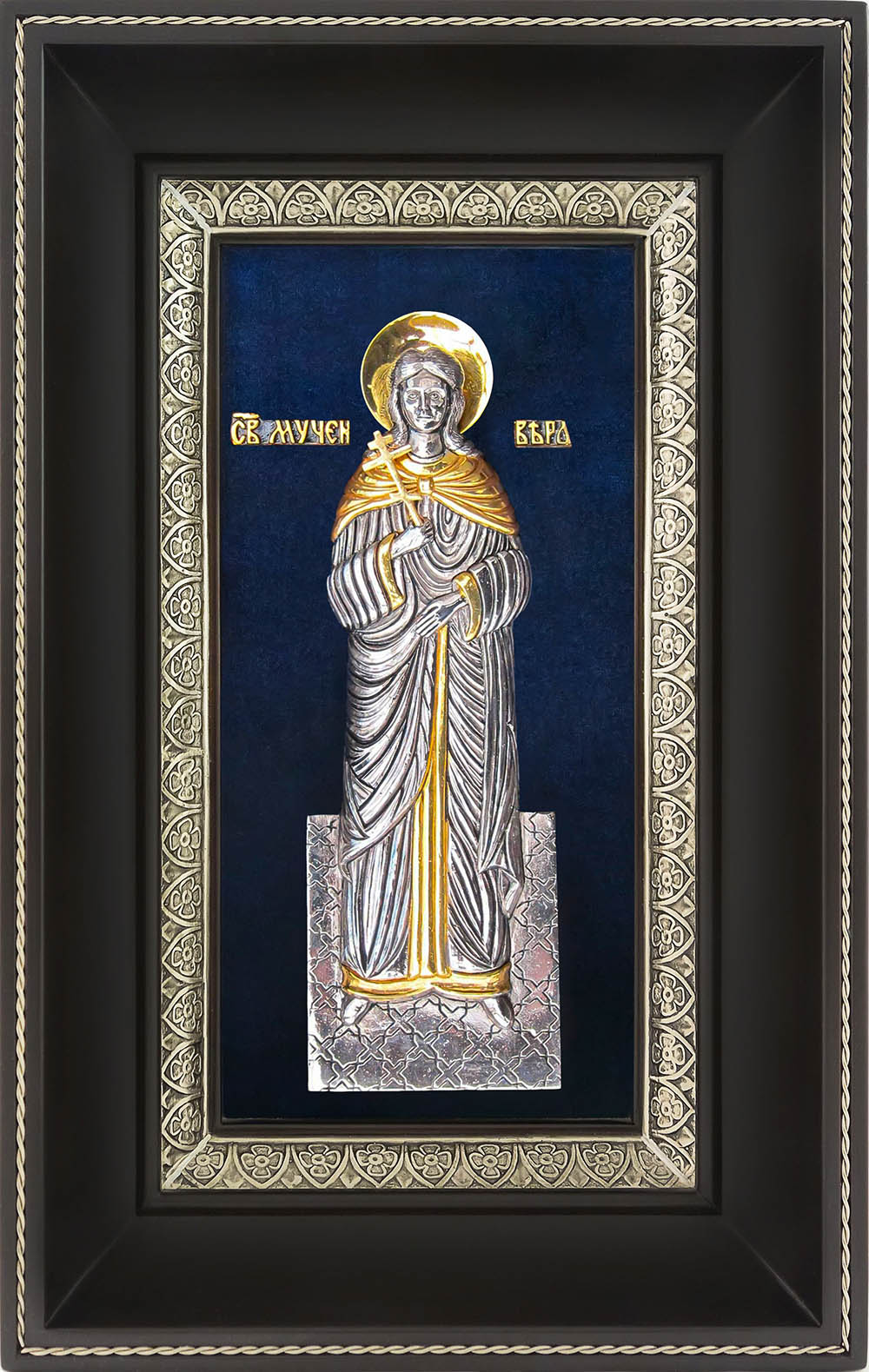 фото икона святой мученицы Веры Римской гальванопластика серебро золото деревянная рама