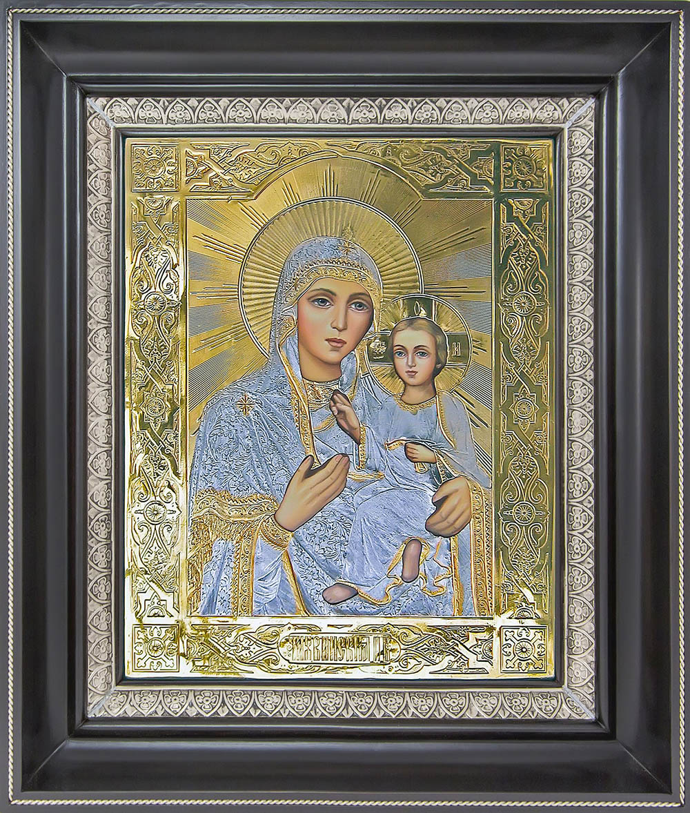 фото Тихвинская икона Божьей Матери гальванопластика позолота серебро деревянная рамка